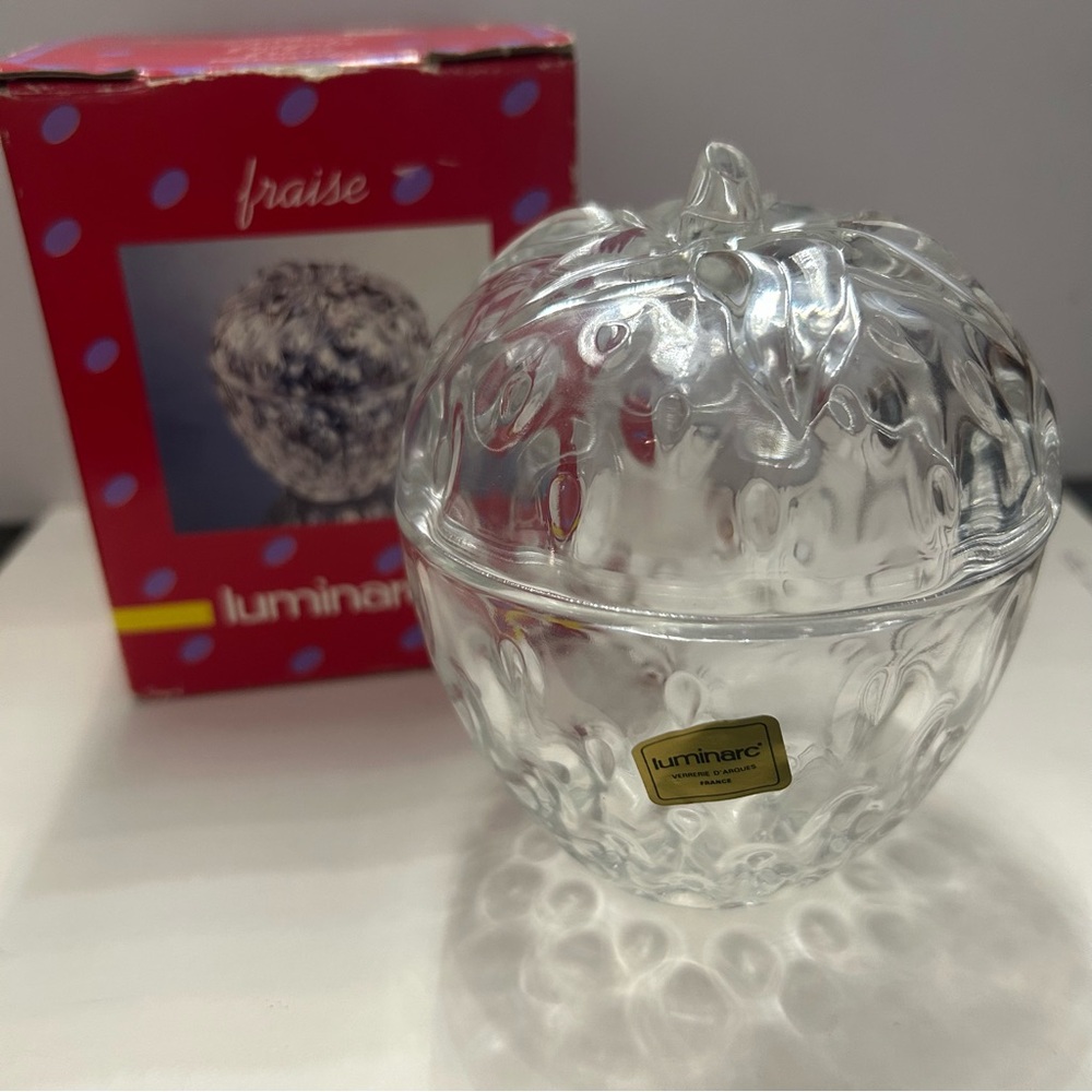 Vintage Strawberry Lidded Glass Trinket Candy Dish in Original Luminarc Box 1992